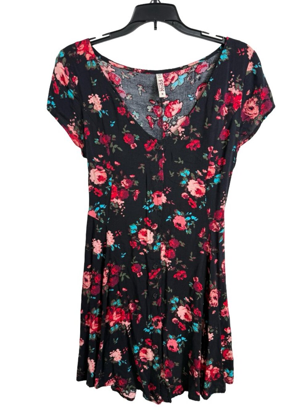 Mudd Vintage Dress Medium Black Floral Lace Up Mini Button Whimsical Y2K Rayon